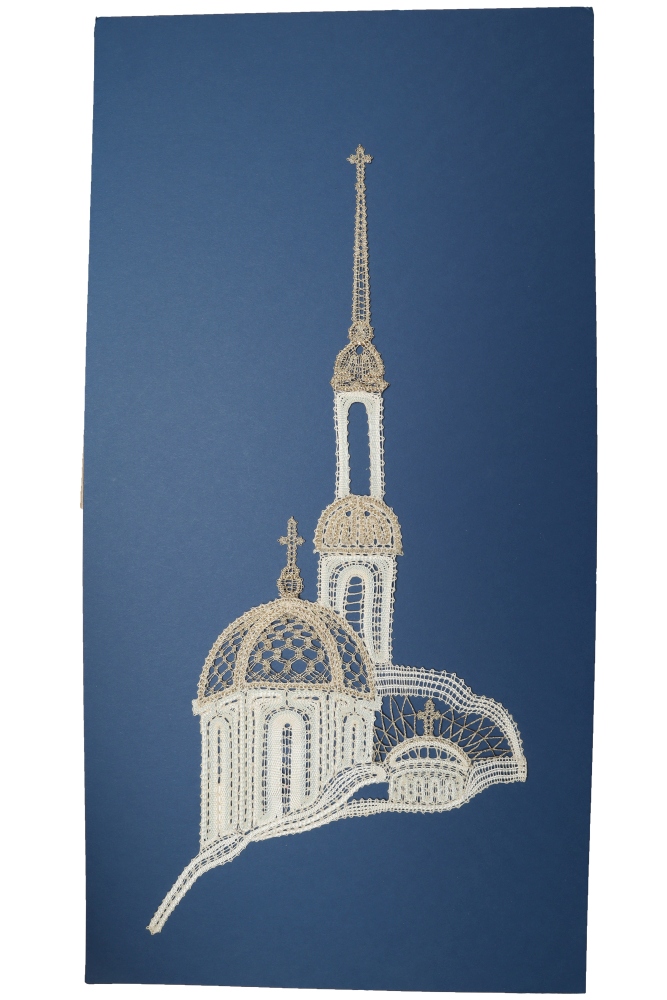 Панно 'Успенский собор', авт. Бондарчук С.А., 2011г., лён, шёлк, метанит, плетение на коклюшках, 53х30,5 см