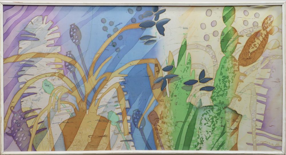 Панно 'Натюрморт с кактусом', авт. Слукина М.Н., 2000-е годы, батик, креп-жоржет, краска, 59х115 см