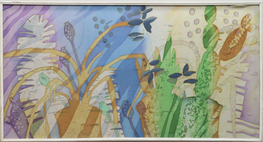 Панно 'Натюрморт с кактусом', авт. Слукина М.Н., 2000-е годы, батик, креп-жоржет, краска, 59х115 см